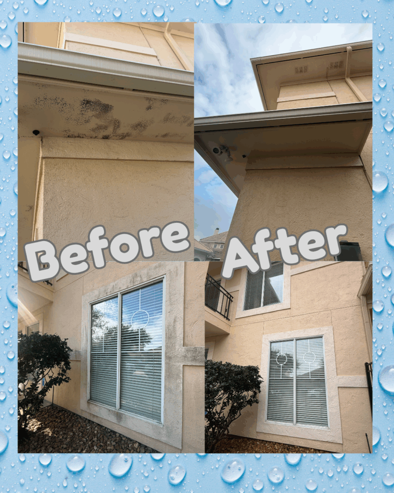Stucco is a porous material and should never be cleaned with high pressure. For this home, we used our low-pressure soft wash system, specifically designed for stucco surfaces.