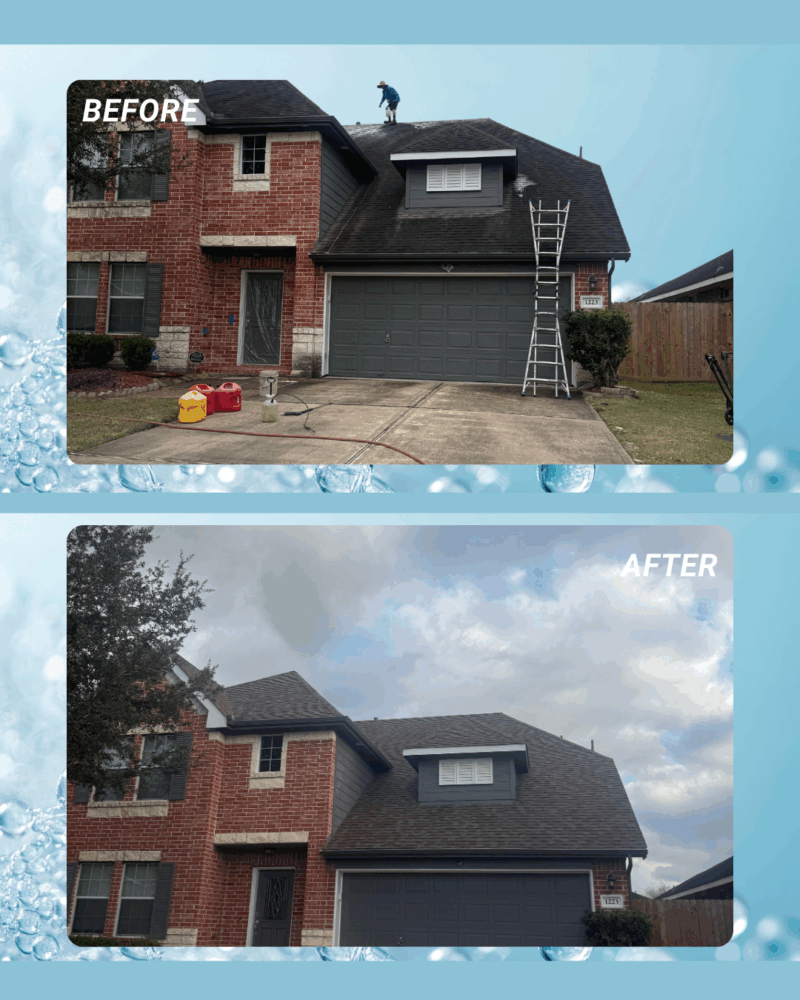 At Apro Pressure Washing For this Alvin home, we used a low-pressure soft wash roof cleaning process designed specifically for asphalt shingles.