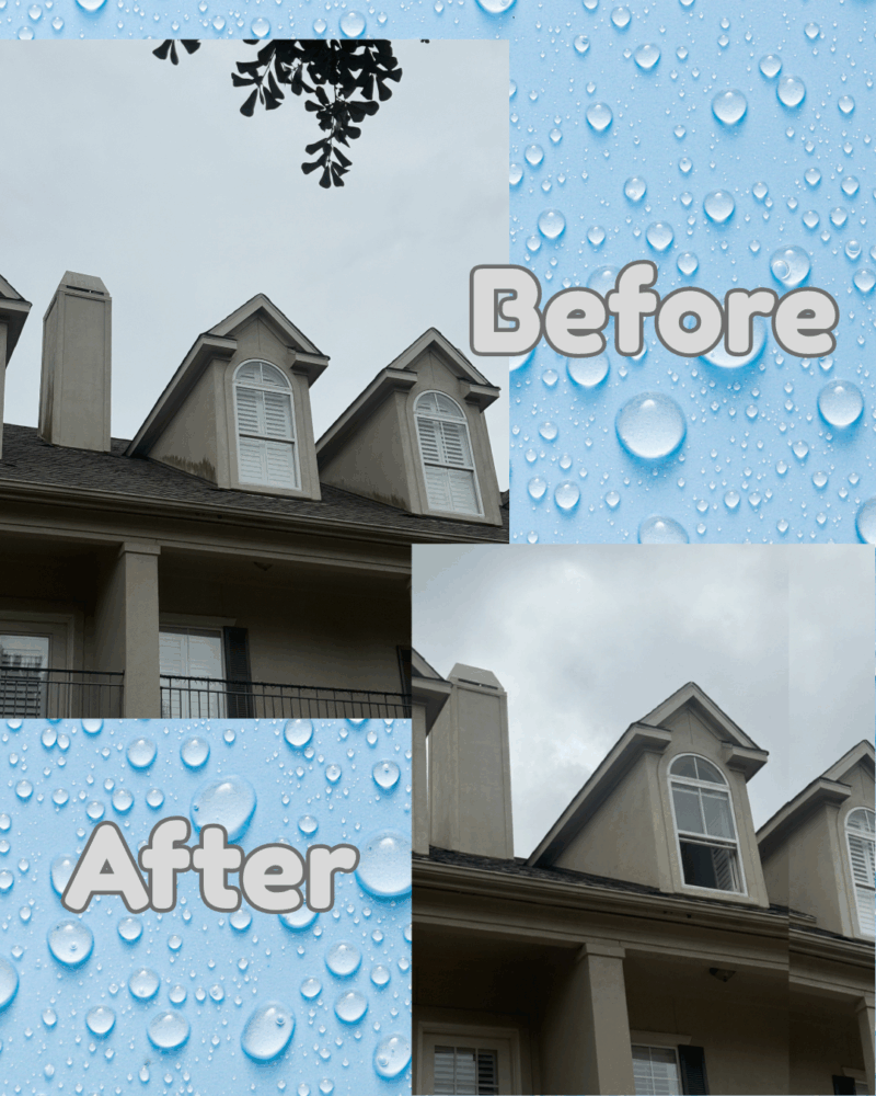 Before and after soft washing of a stucco home in Houston, Texas showing mold and mildew removed from dormer windows and chimney by APro Pressure Washing.