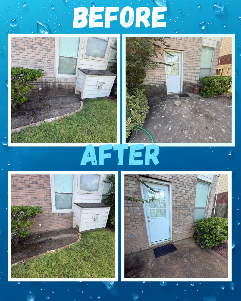 Before and after brick cleaning in Houston showing professional mold and mildew removal by APro Pressure Washing without damage to the brick or mortar.